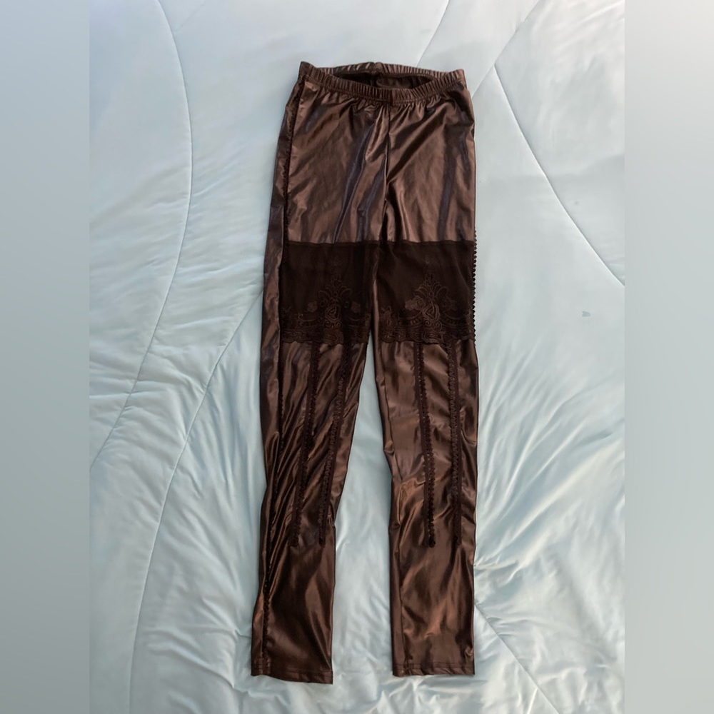 Black faux leather leggings with lace on front size L